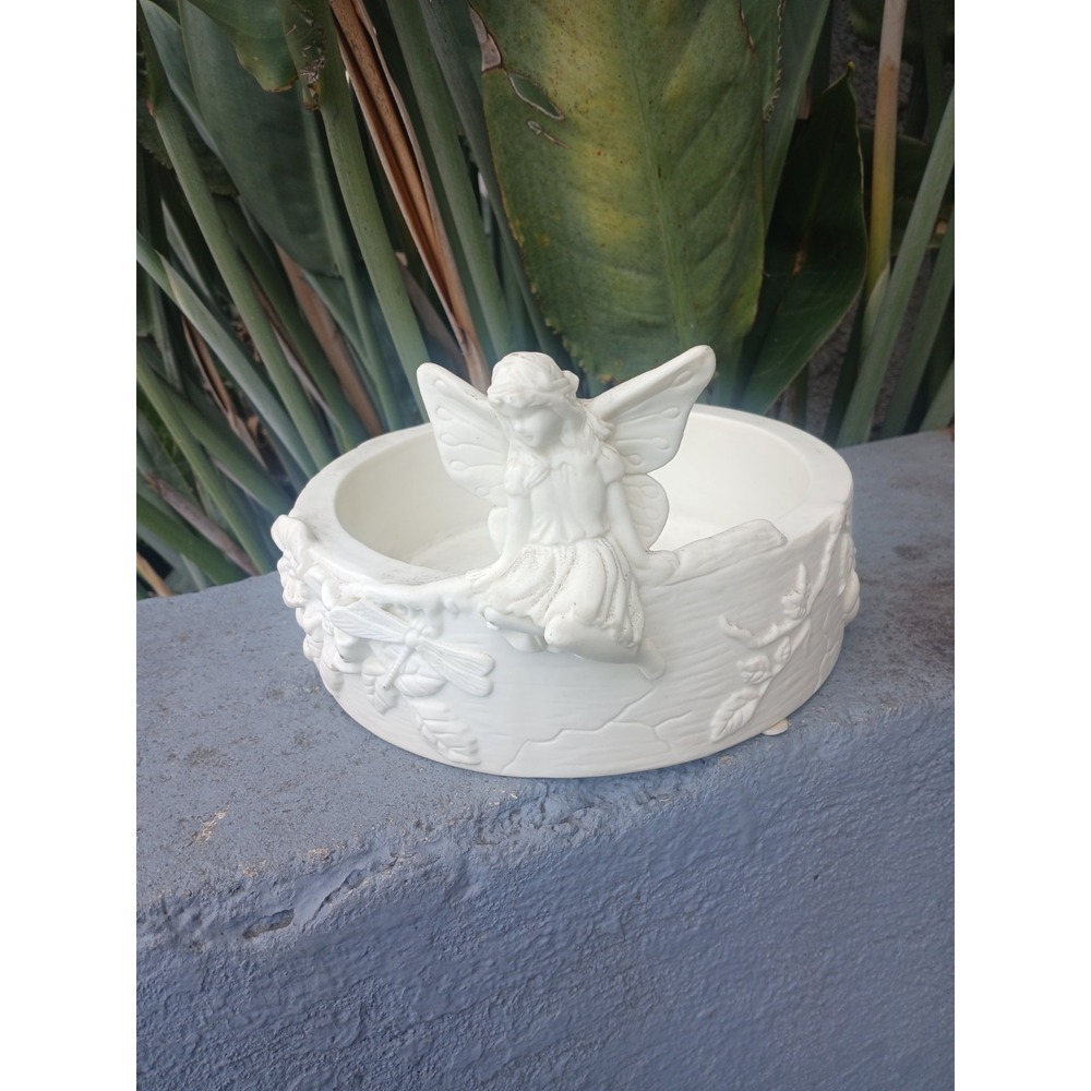 Vintage White Fairy Garden Bowl Floral Dragonfly Resin Planter Trinket Dish